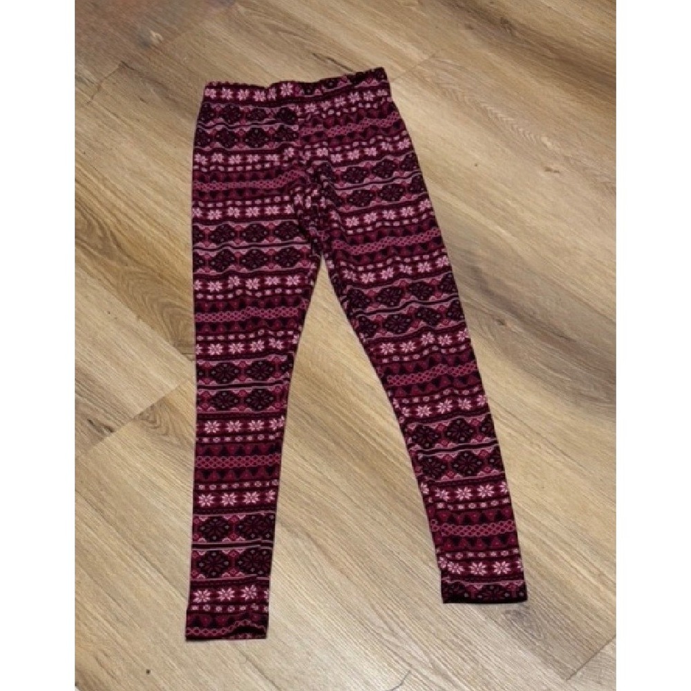 Burgundy Knit Leggings Snowflake & Tree Pattern Casual Lounge Pants